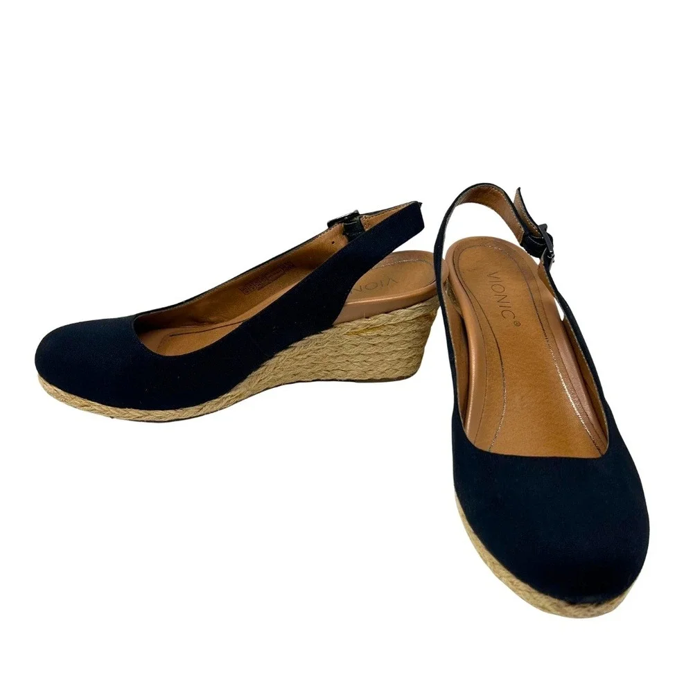 Vionic Coralina‎ Slingback Wedge Espadrilles Womens 10 Black Comfort Shoes